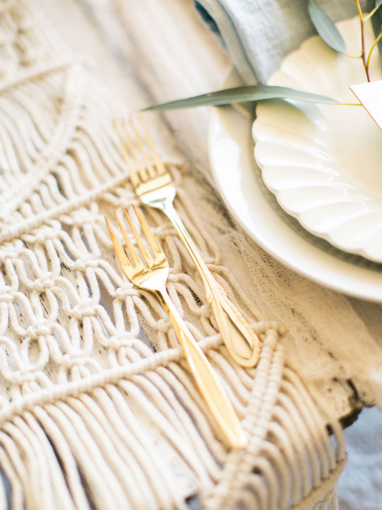 gold flatware on a macrame table runner, ftw | styled by paige of the love designed life