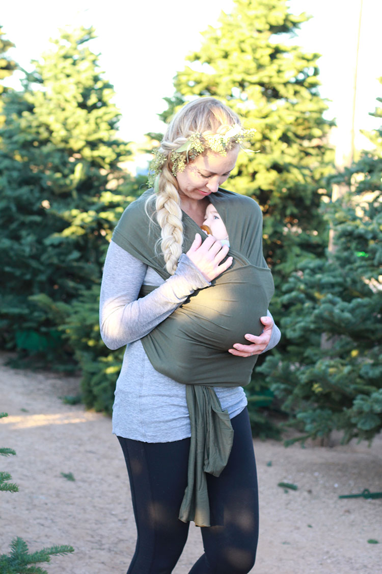 baby wearing love in the solly baby wrap | christmas tree hunting with solly baby wrap | twelve days of christmas giveaways from the love designed life 