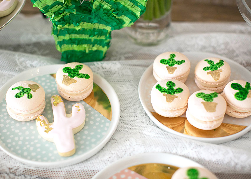 succulent hand painted macaroons and saguaro gold dipped sugar cut out cookies | styled by the love designed life