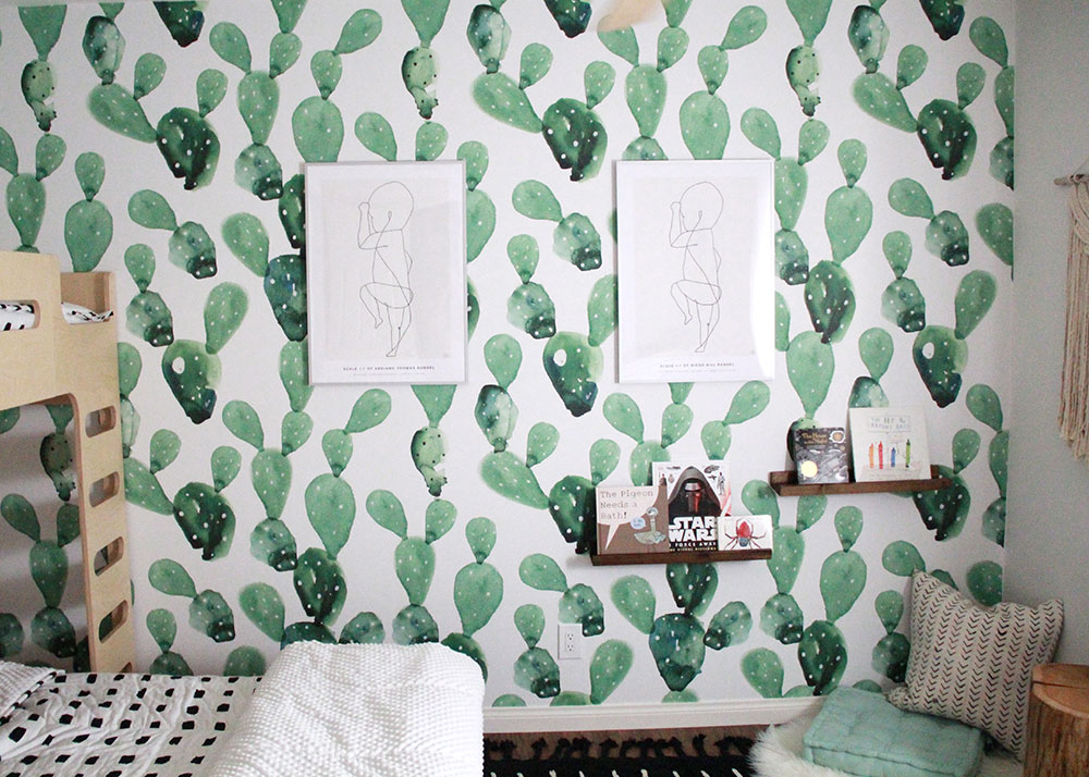 this cactus wallpaper wall is the perfect spot to display my boys' birth posters in their shared room | thelovedesignedlife.com