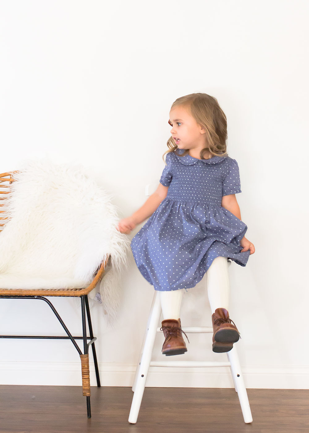 the sweetest little goldilocks in this darling classic blue mini boden dress | thelovedesignedlife.com