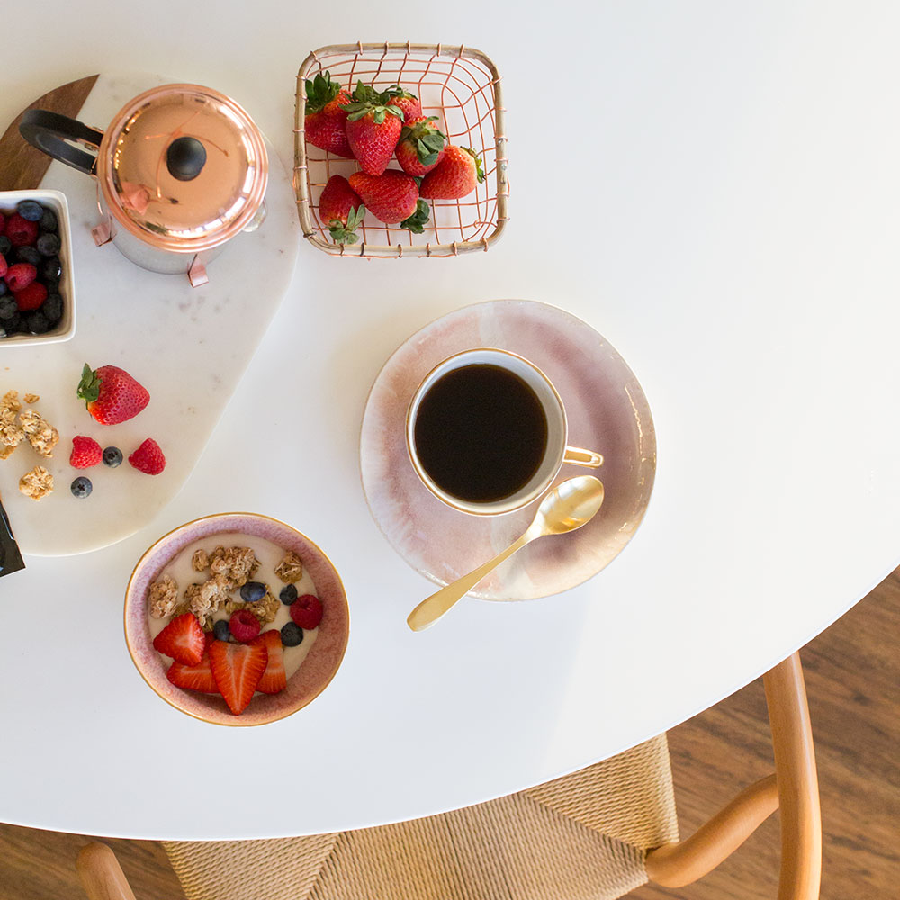 gluten-free granola with coconut live yogurt, chia seeds, and fresh berries. with coffee too! | thelovedesignedlife.com #healthybreakfast #breakfastideas #veganbreakfast