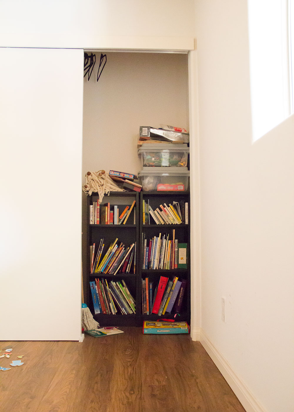 our current playroom closet. we need a better way to store the kids books! | thelovedesignedlife.com #mariekondoxcoclosets #playroom 