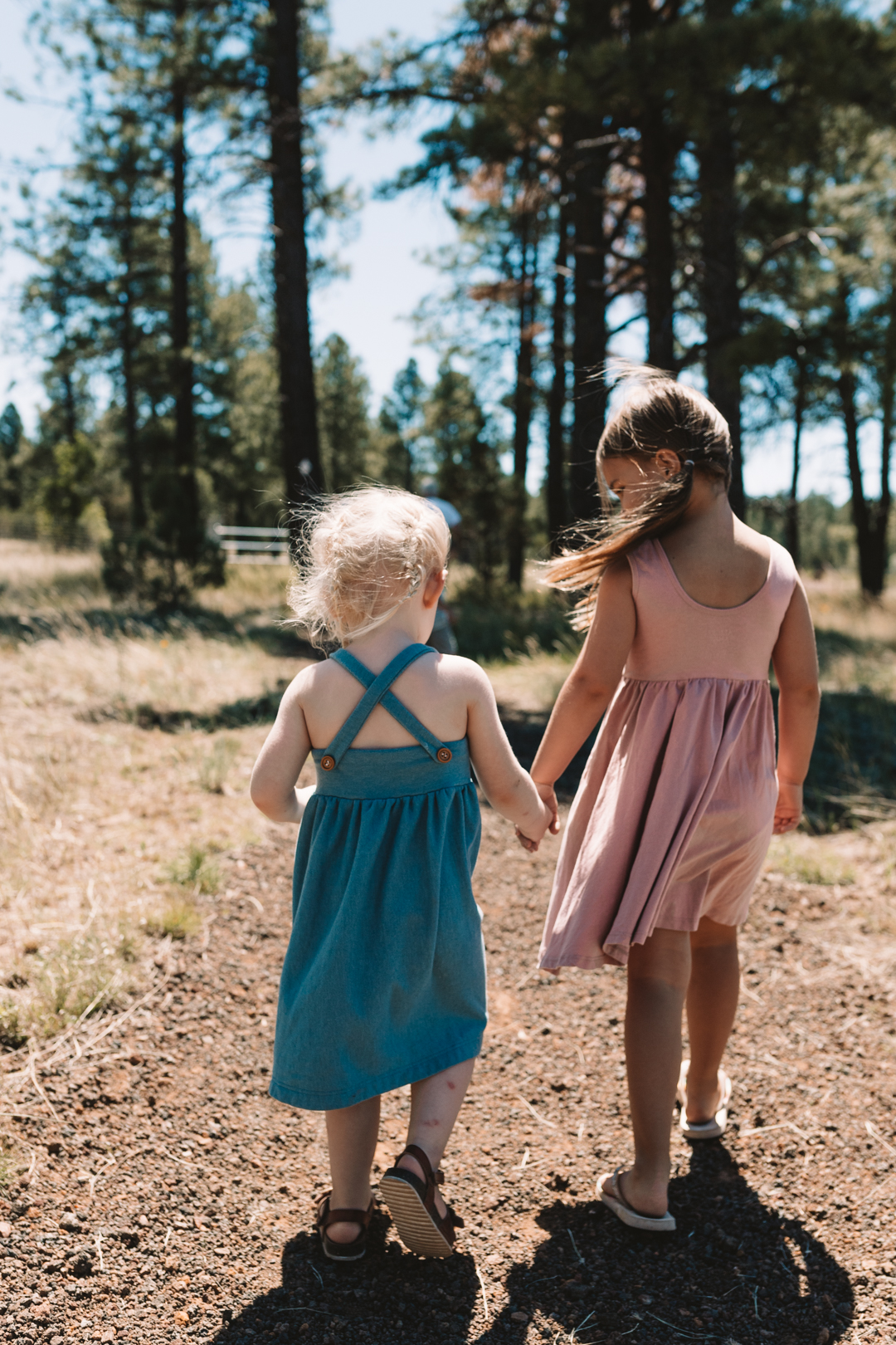 2 little girls walking together holding hands in the woods