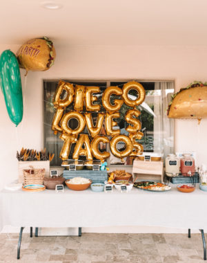 taco bar for a dragons love tacos birthday party.