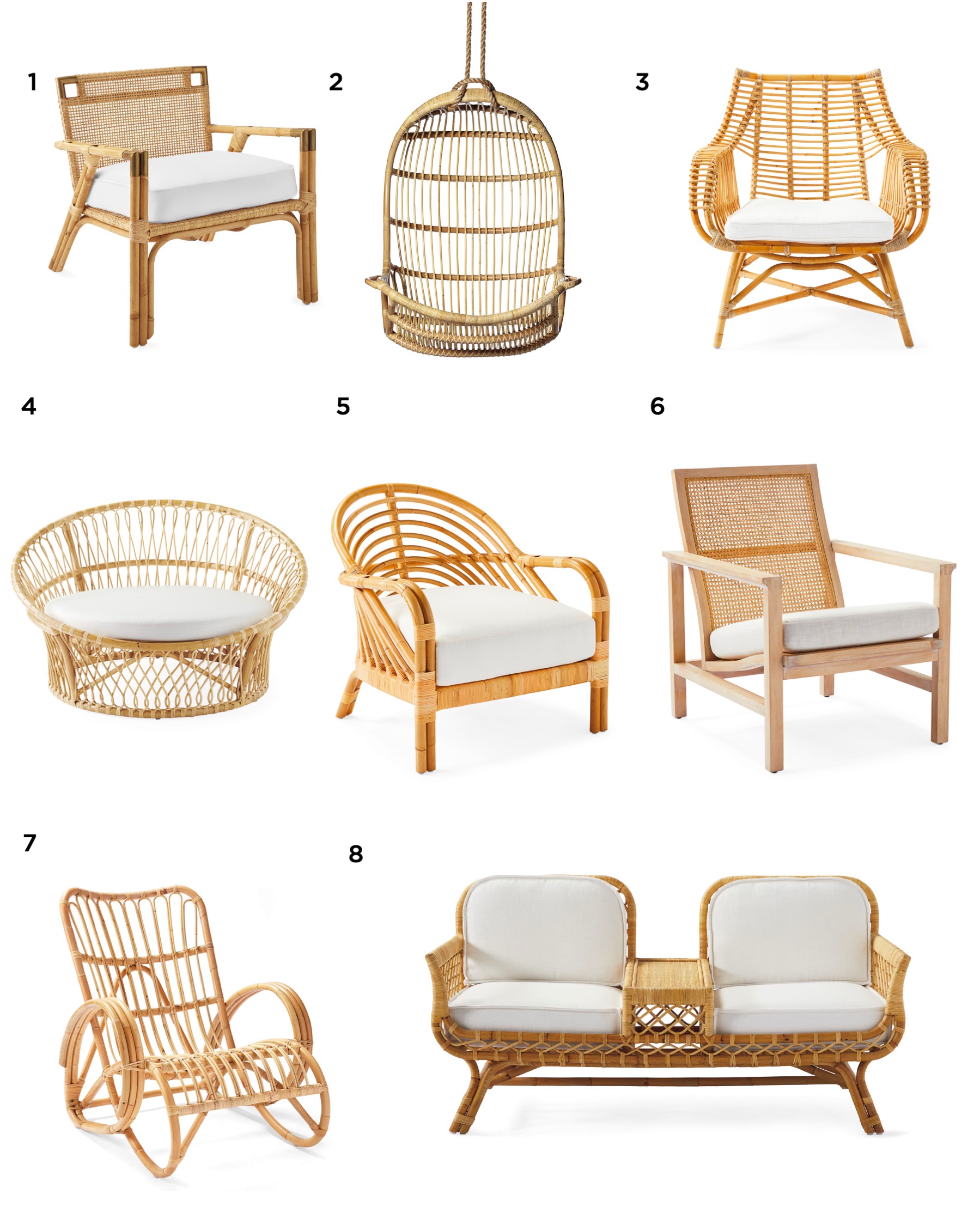 all the pretty rattan chairs from Serena & Lily, specially prices this Labor Day weekend! #rattanchair #hangingchair #modernboho #bohostyle #outdoorfurniture #interiordesign