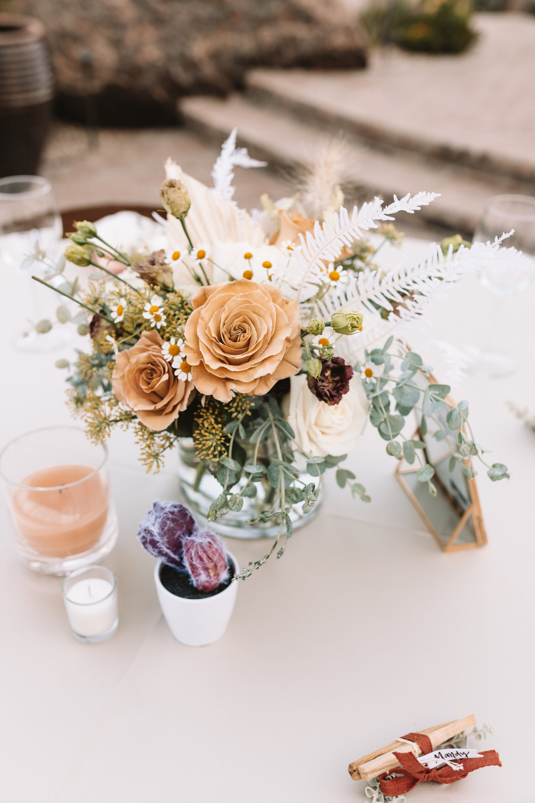 the centerpieces for this desert boho chic baby shower #sedona #desertchic #babyshower