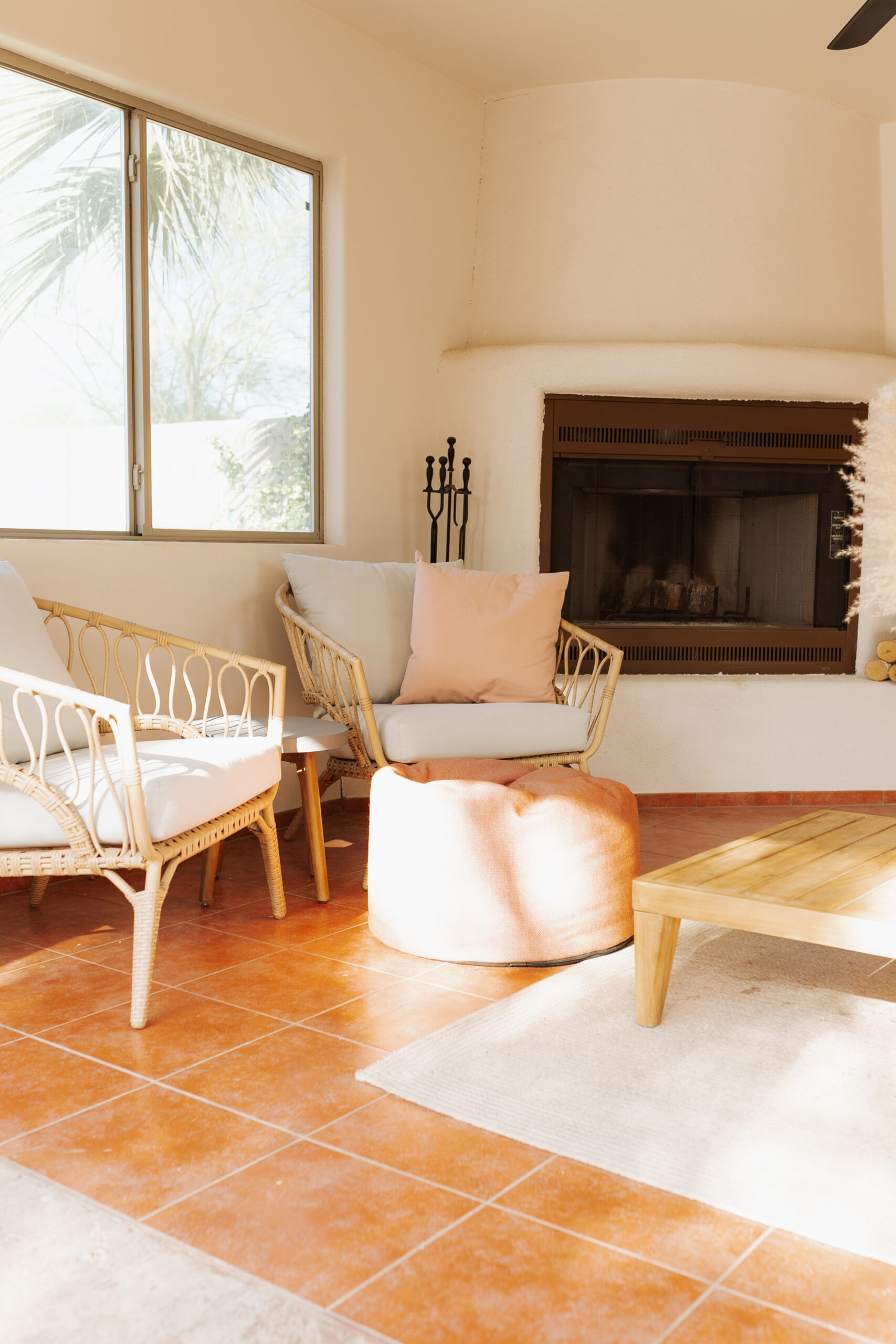 a peek at our pool ramada, with modern furniture and a beachy boho vibe #modernbackyard #arizonaliving #poolramada #backyarddesign