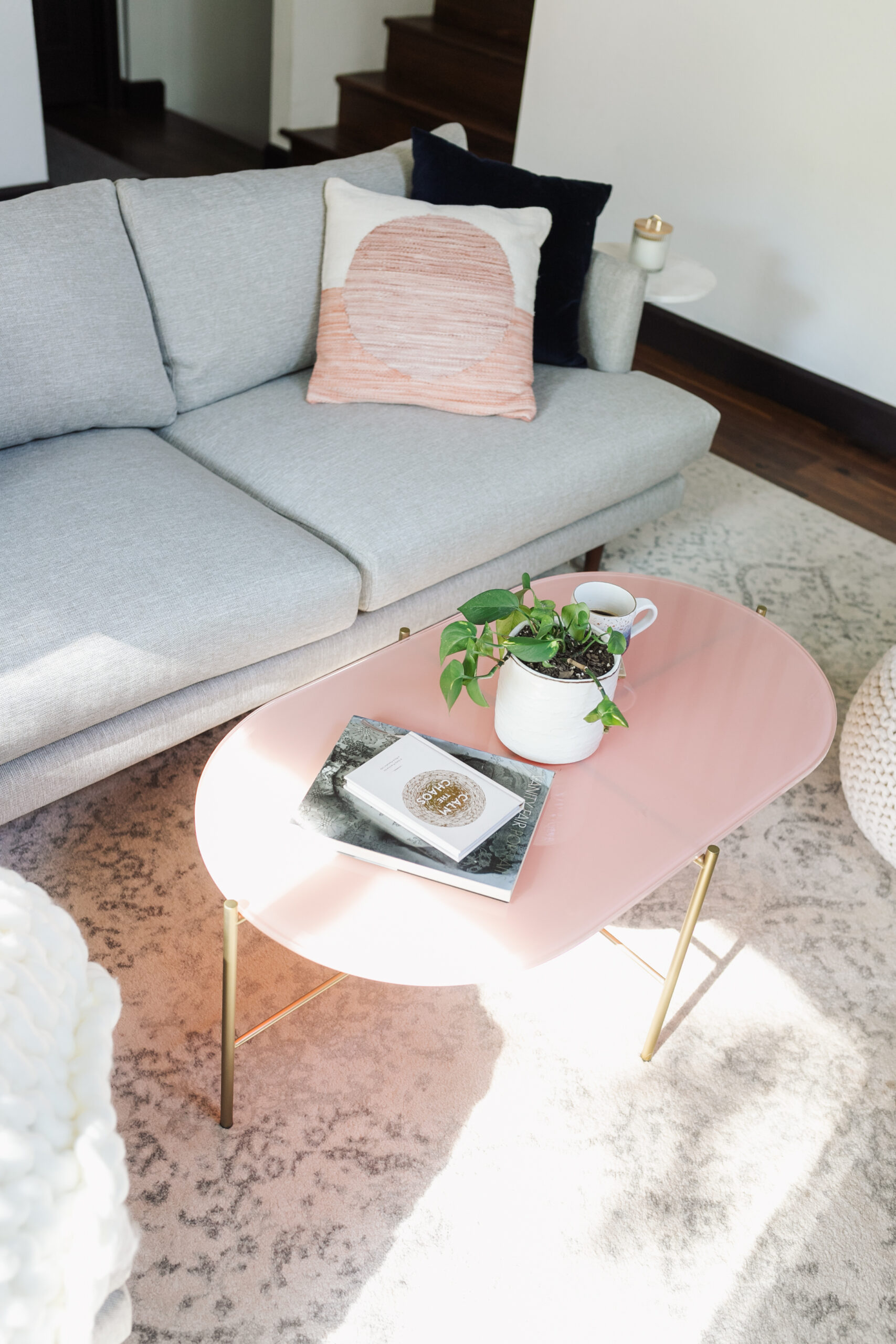 pink glass top coffee table#modernmountainlivingroom #labradoodle #cofffeetable