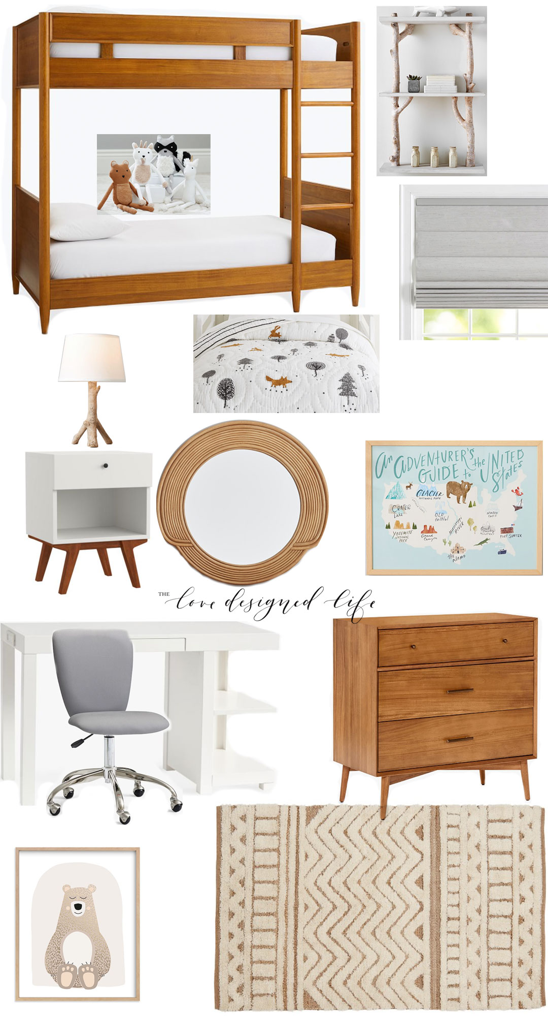 the love designed life modern mountain bunk bed mood board #thelovedesignedlife #theldlhome #modernmountain #bunkroom #kidsroom #potterybarnkids