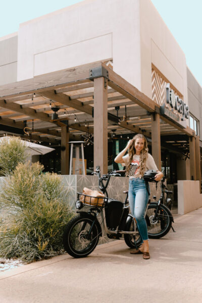 riding our rad power bikes to lunch is just one way we're reducing our carbon footprint! #thelovedesignedlife #ecofriendly #ecochic #ebikes