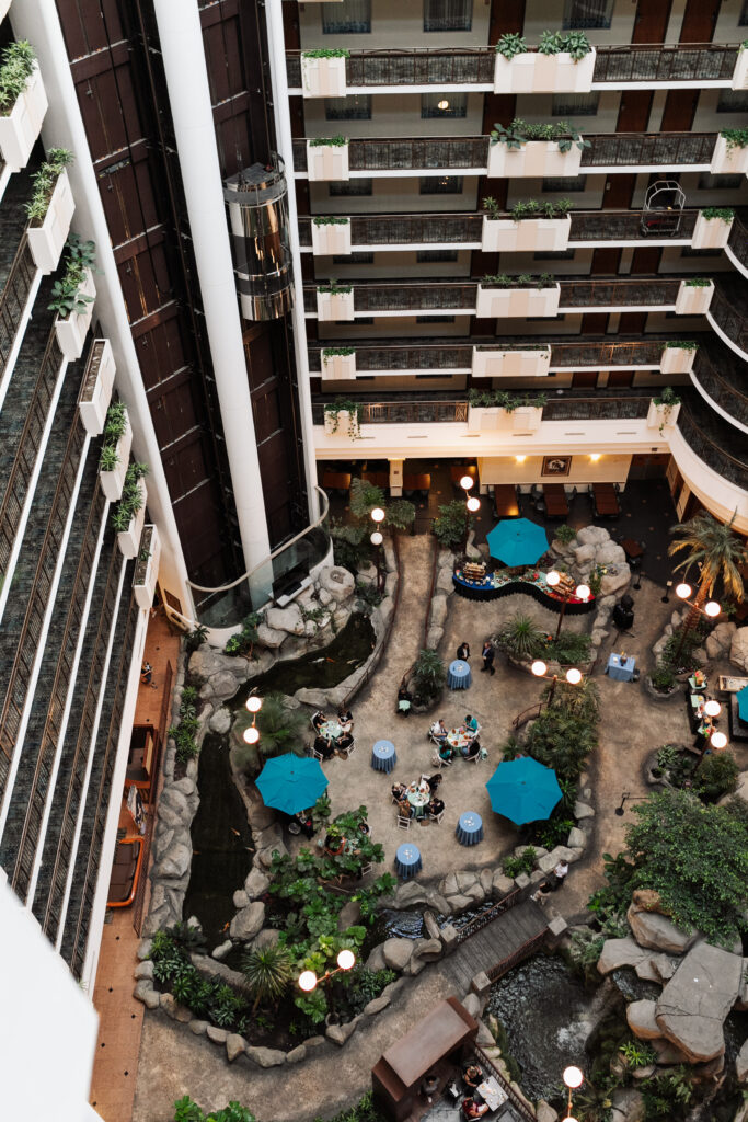 the gorgeous jungle-themed lobby at the Embassy Suites Hotel Anaheim South