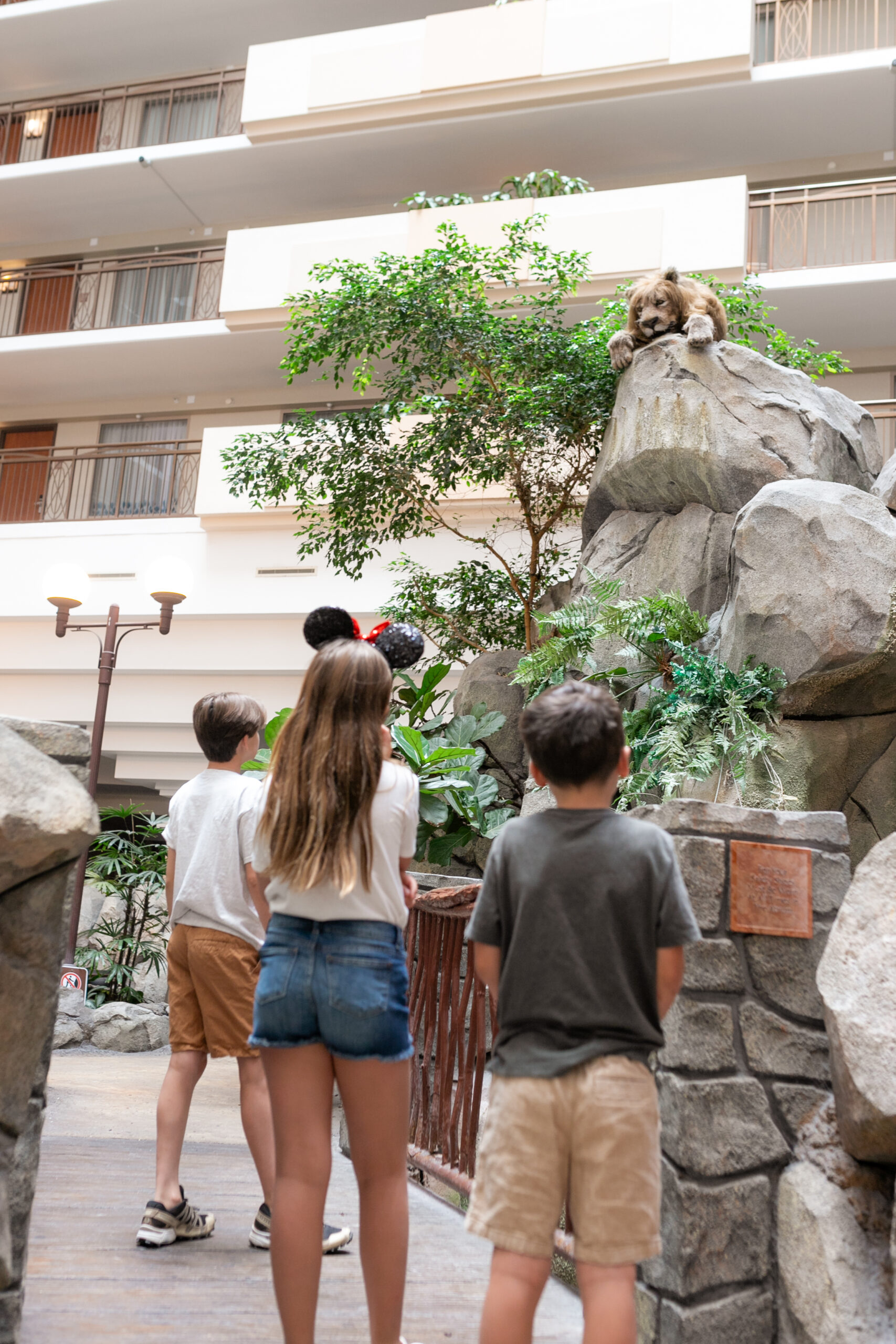 the atrium at the Embassy Suites Anaheim South has this fun jungle theme with a lion that roars every hour or so